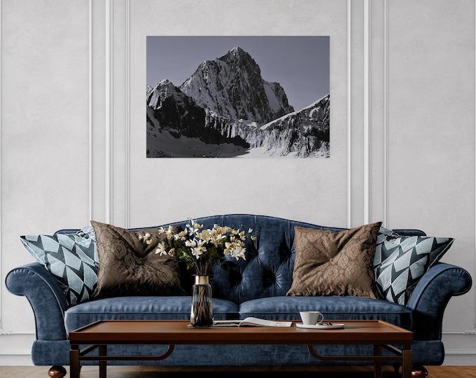 Black and White Mountain Diamond Glass Print | Dramatic Alpine Landscape Photo | Snowy Peak Wall Art | Modern Minimalist Nature Photography