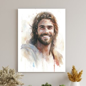 Smiling Jesus Bible Art Jesus Watercolor Jesus Smiling Jesus Painting Jesus Laughing Christian Wall Art Jesus Wall Art image 2