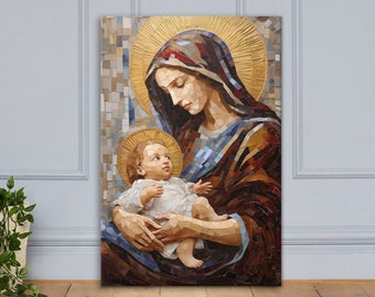 May include: A rectangular wall art piece featuring a mosaic-style depiction of a figure holding a child. The artwork uses shades of brown, blue, and white with gold halos behind both heads. The composition is rendered in a geometric, tiled pattern.