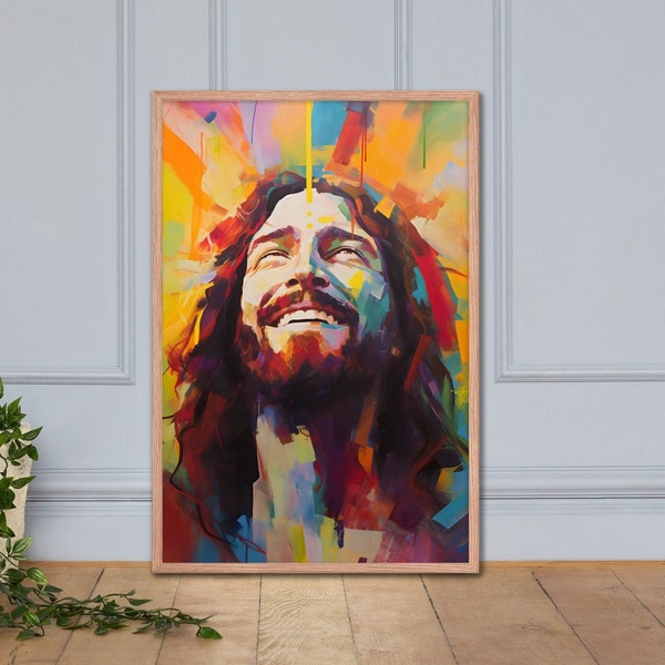 Art mural chrétien encadré de Jésus qui rit | Impression d'art colorée de Jésus | Art de Jésus-Christ | Peinture de Jésus | Jésus arc-en-ciel | Cadeaux chrétiens