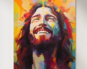 Lámina imprimible de Cristo alegre: arte mural cristiano de estilo bohemio y colorido con retrato de Jesús sonriente.