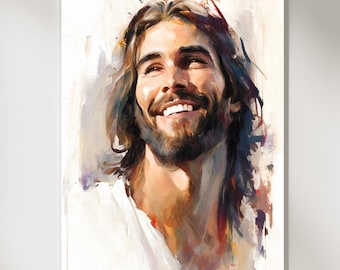 Cuadro decorativo imprimible en acuarela de Jesús alegre / Ilustración bíblica de Cristo sonriente / Decoración cristiana para el hogar