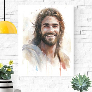 Smiling Jesus Bible Art Jesus Watercolor Jesus Smiling Jesus Painting Jesus Laughing Christian Wall Art Jesus Wall Art image 1