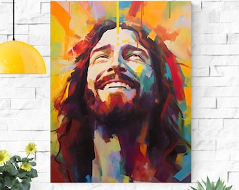 Vibrant Laughing Jesus Art Print - Colorful Christian Wall Decor for Baptism & Sunday School Gifts