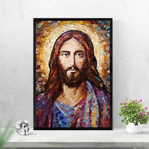 May include: Mosaic artwork depicting Jesus Christ with a halo, framed in black. The mosaic is made of small, colorful tiles, creating a textured effect. The artwork features a realistic portrait of Jesus with a long beard and brown hair.