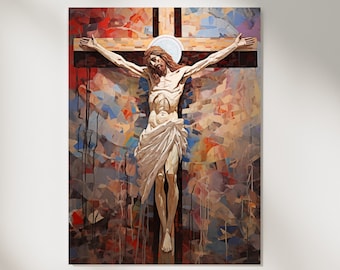 Op de afbeelding: Een schilderij van Jezus Christus aan het kruis, met een kleurrijke abstracte achtergrond. Het schilderij is in moderne stijl, met felle kleuren en penseelstreken.