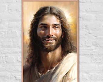 Lámina artística de Jesús sonriente / Decoración cristiana alegre para la pared (Descarga digital)
