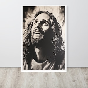 Porträt von Jesus Christus lächelnd: Schwarz-Weiß-minimalistische christliche Kunst für religiöse Wohnkultur