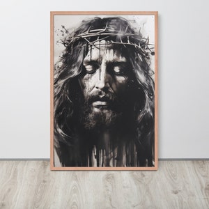 May include: A black and white painting of a man wearing a crown of thorns. The man has his eyes closed and a sorrowful expression on his face.