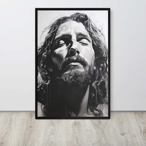 Realistisches Schwarz-Weiß-Porträt des betenden Jesus - Zeitgenössische christliche Wandkunst & Geschenke