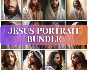 Peut inclure: Un lot d'art numérique de 10 portraits différents de Jésus-Christ. Les portraits sont tous dans un style réaliste et présentent Jésus avec de longs cheveux et une barbe. Les portraits sont tous dans des poses et des expressions différentes.