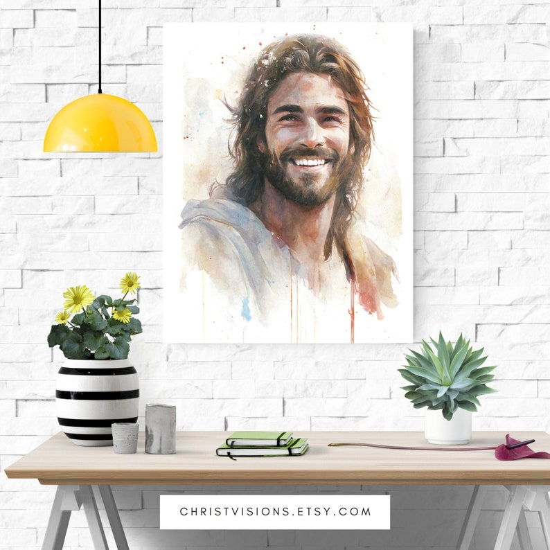 Smiling Jesus Bible Art Jesus Watercolor Jesus Smiling Jesus Painting Jesus Laughing Christian Wall Art Jesus Wall Art image 1
