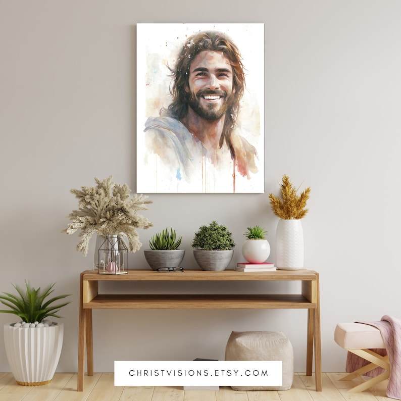 Smiling Jesus Bible Art Jesus Watercolor Jesus Smiling Jesus Painting Jesus Laughing Christian Wall Art Jesus Wall Art image 2