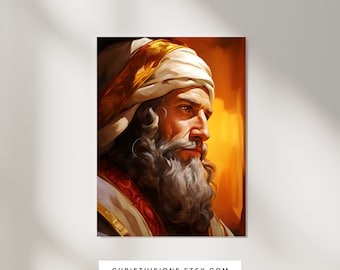 Puede incluir: Una pintura de un hombre con una larga barba blanca y un turbante dorado. Lleva una túnica roja y dorada. El fondo es de un color naranja cálido.