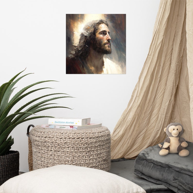 Puede incluir: Una pintura de Jesucristo con un halo de luz alrededor de su cabeza. &Eacute;l est&aacute; mirando hacia arriba y hacia la derecha con una expresi&oacute;n suave. La pintura est&aacute; hecha en un estilo realista con colores suaves.