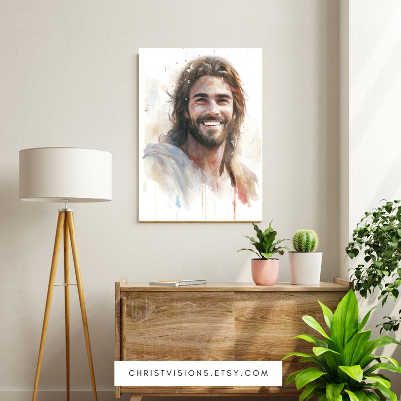 Smiling Jesus Bible Art Jesus Watercolor Jesus Smiling Jesus Painting Jesus Laughing Christian Wall Art Jesus Wall Art image 4