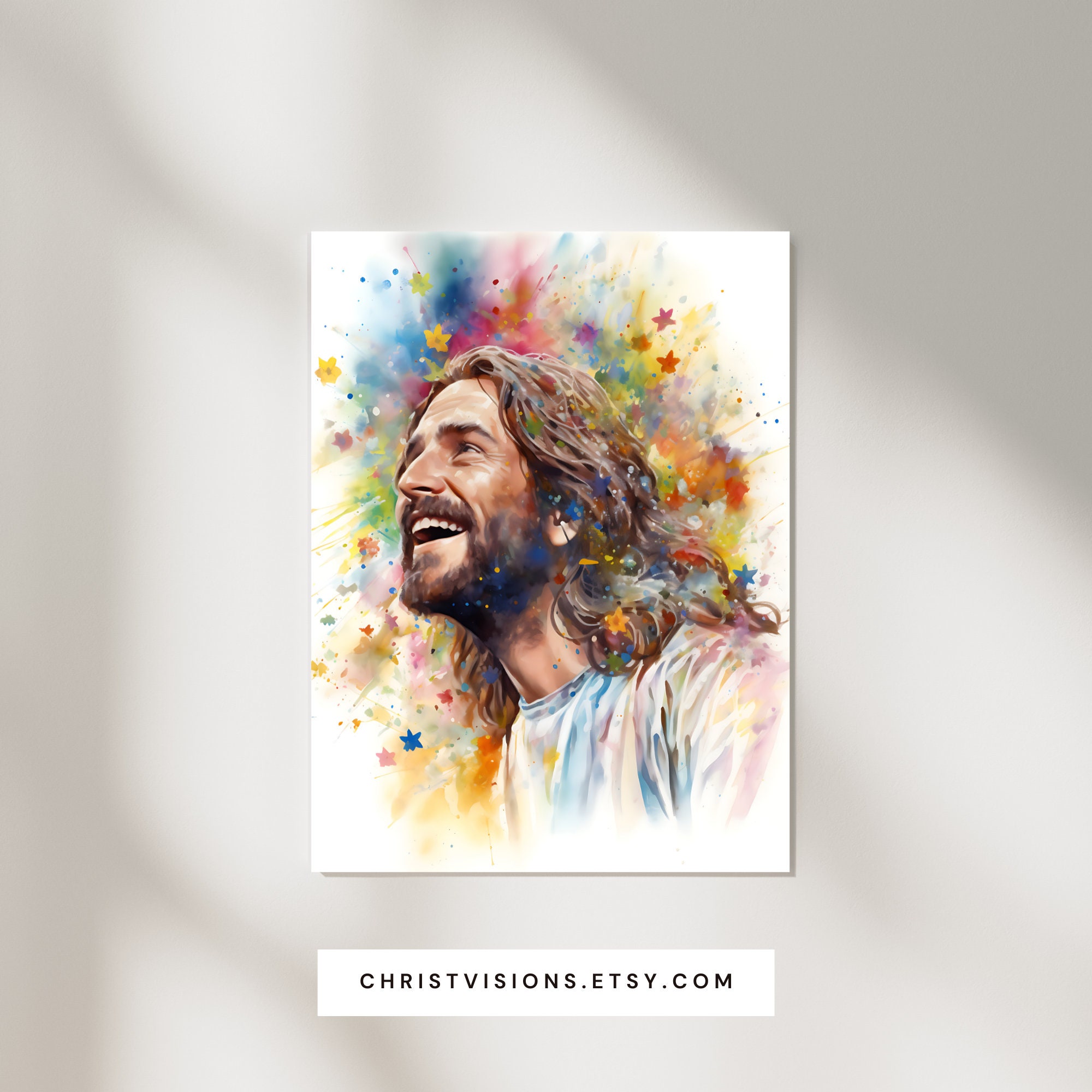 Joyful Rainbow Jesus Digital Print - Smiling Christ Artwork for Easter ...