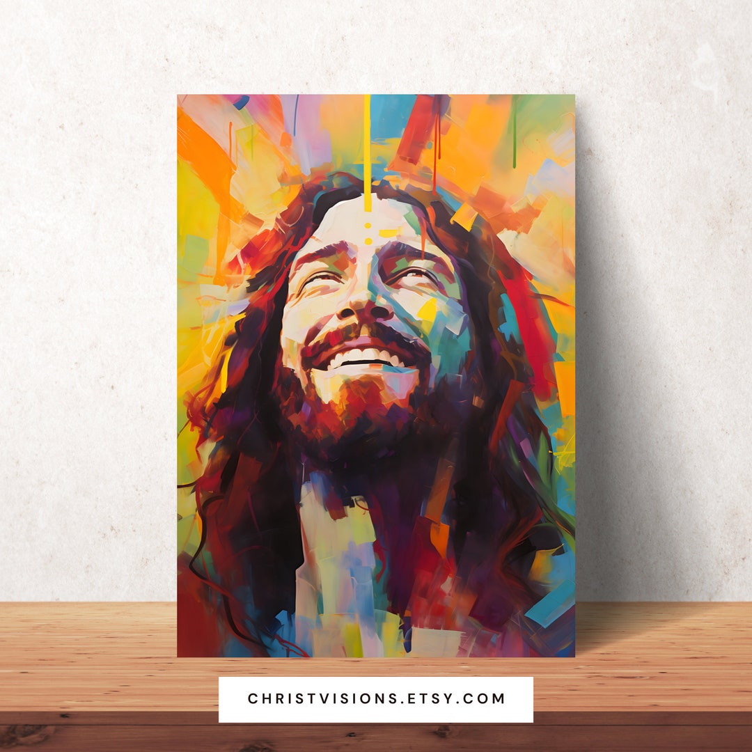 喜びに満ちたキリストのプリント - 微笑むイエスの肖像画をあしらった