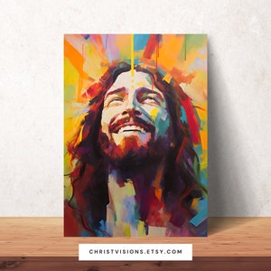 Joyful Christ Printable - Colorful Boho Christian Wall Art with Smiling Jesus Portrait