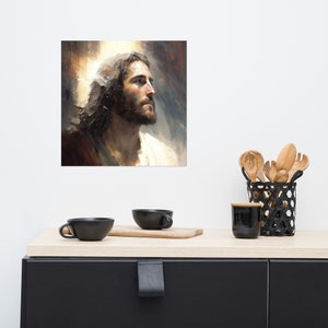 Puede incluir: Una pintura de un hombre con el pelo largo y barba, mirando hacia arriba y a la derecha. Lleva una t&uacute;nica blanca y tiene un halo de luz alrededor de la cabeza.