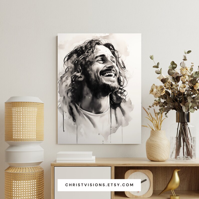 Impresión de dibujo de tinta del Señor Jesús riendo / Impresiones de ...