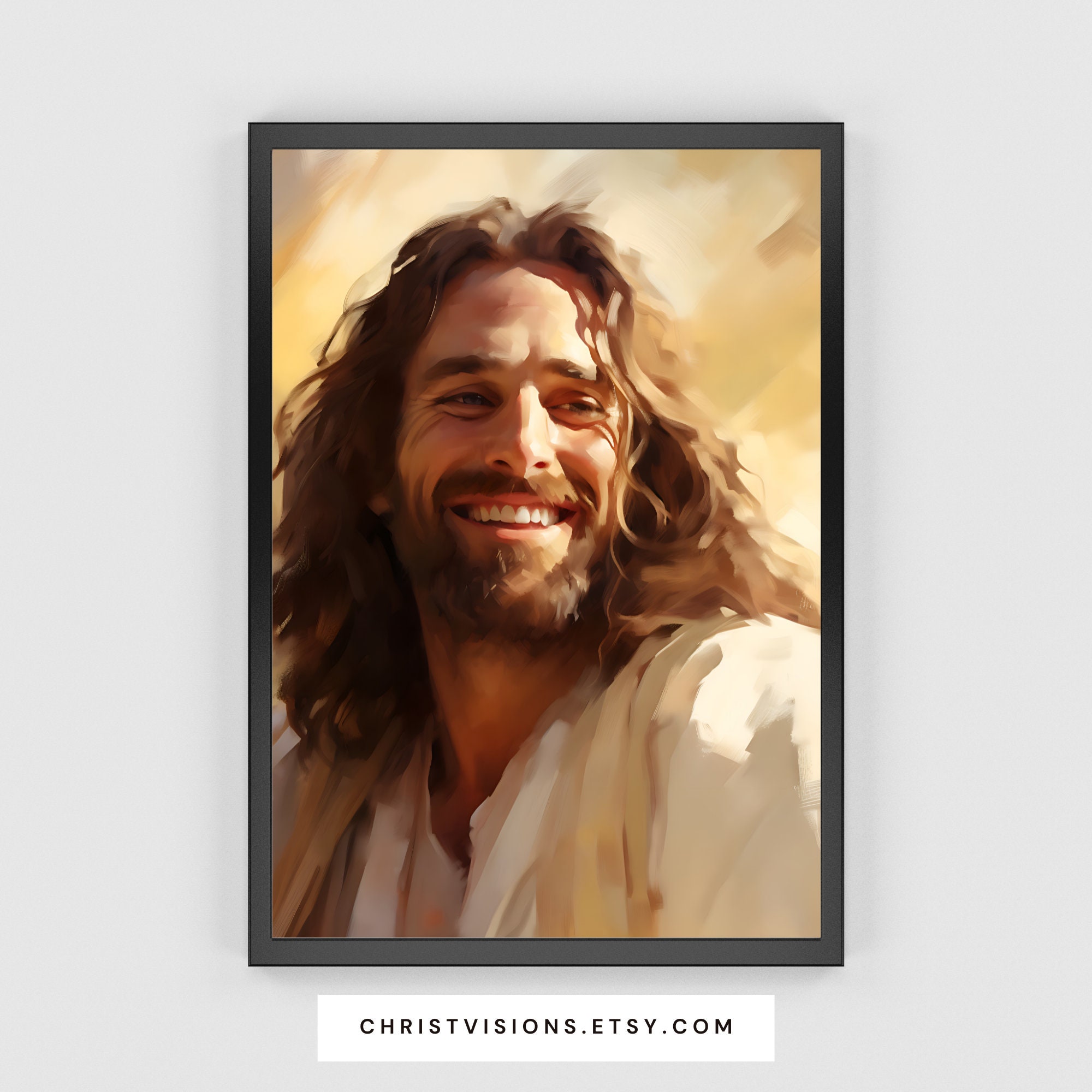 微笑むイエス・キリストの肖像画 - キリスト教アート＆洗礼ギフト