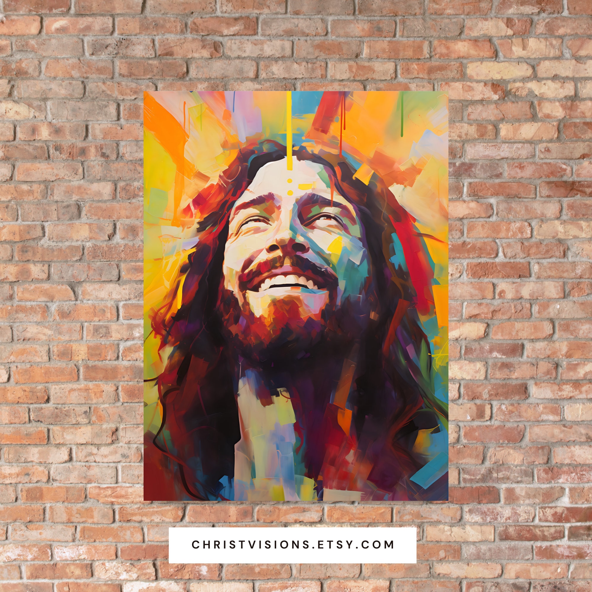 喜びに満ちたキリストのプリント - 微笑むイエスの肖像画をあしらった
