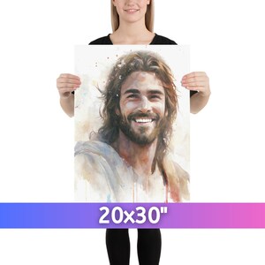 Smiling Jesus Bible Art Jesus Watercolor Jesus Smiling Jesus Painting Jesus Laughing Christian Wall Art Jesus Wall Art 20″×30″