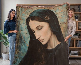 Christian Gift Heirloom Woven Blanket With Art Nouveau Portrait Of The Virgin Mary