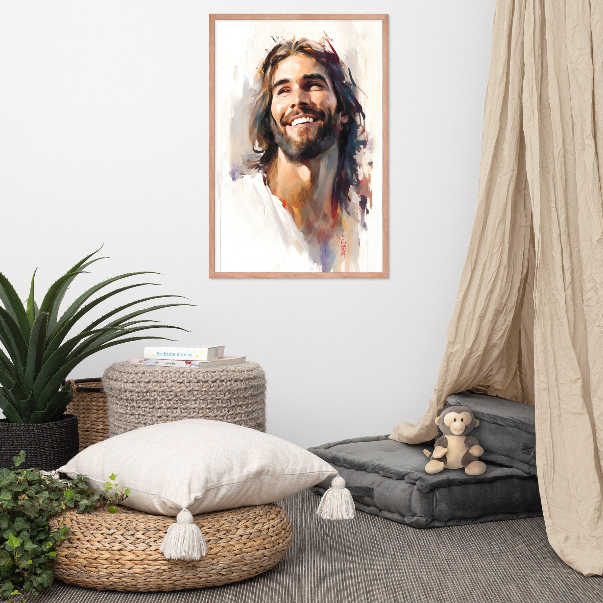 Jesus Laughing Framed Christian Wall Art Smiling Jesus Watercolor Jesus ...