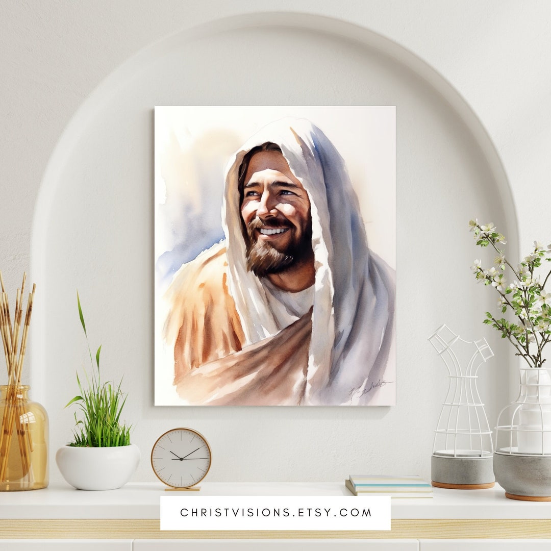 Smiling Jesus Art Print Jesus Watercolor Painting Jesus Smiling