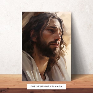 May include: A painting of a man with long brown hair and a beard, wearing a white robe. He is looking off to the side with a thoughtful expression. The background is a soft, golden light.