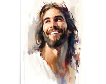 Joyful Jesus Watercolor Printable Wall Art | Smiling Christ Biblical Illustration | Christian Home Decor