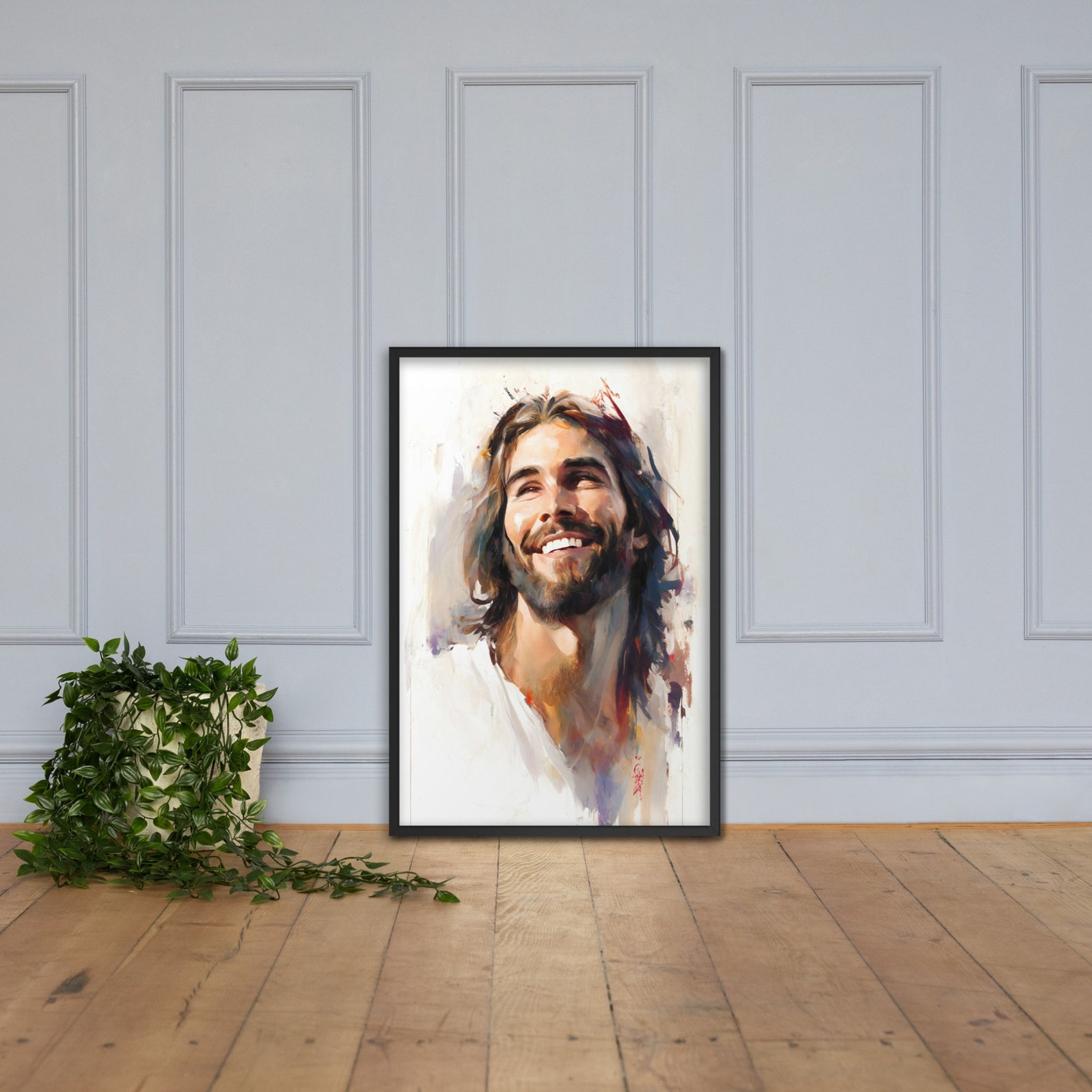 Jesus Laughing Framed Christian Wall Art Smiling Jesus Watercolor Jesus