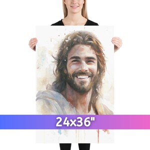 Smiling Jesus Bible Art Jesus Watercolor Jesus Smiling Jesus Painting Jesus Laughing Christian Wall Art Jesus Wall Art 24×36