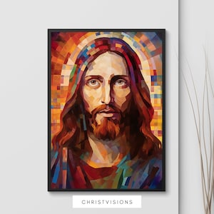 May include: A colorful, abstract painting of Jesus Christ. The painting is done in a mosaic style, with many small squares of different colors. The painting is framed in black.