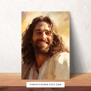 Impresión digital de Jesús alegre: Ilustración bíblica de Cristo sonriente / Decoración cristiana de pared imprimible