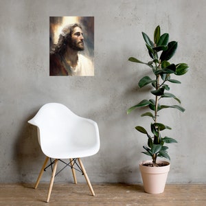 Puede incluir: Una pintura de un hombre con el pelo largo y barba, mirando hacia arriba con una expresi&oacute;n serena. La pintura est&aacute; realizada en un estilo realista con colores suaves y un fondo claro.