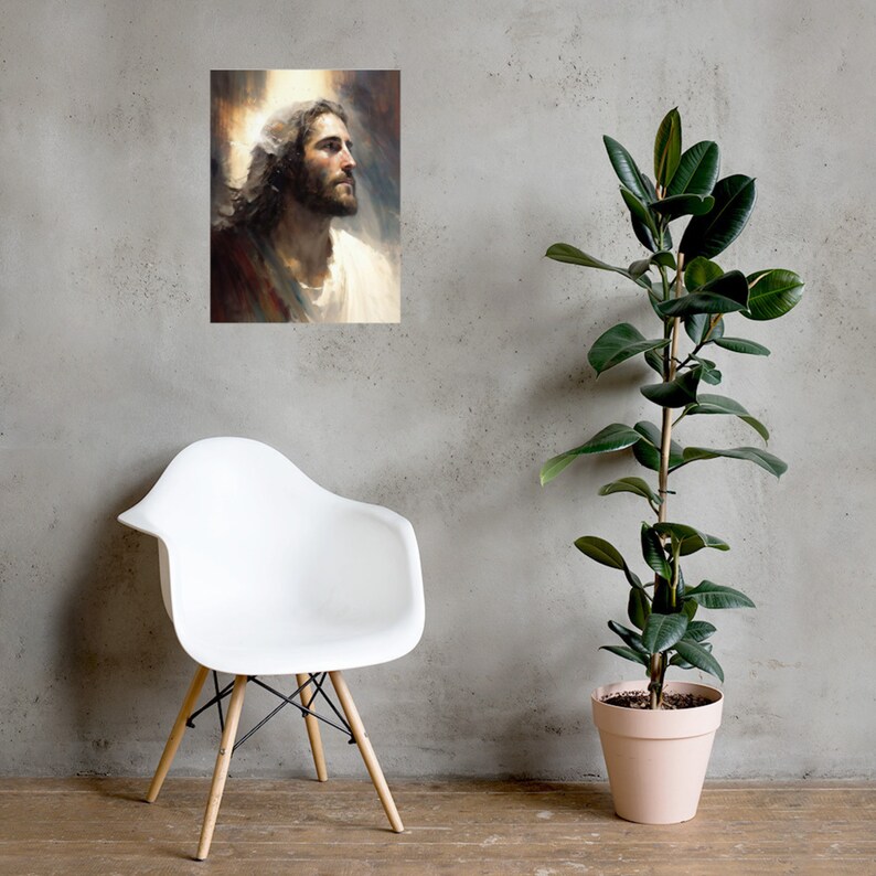Puede incluir: Una pintura de un hombre con el pelo largo y barba, mirando hacia arriba con una expresi&oacute;n serena. La pintura est&aacute; realizada en un estilo realista con colores suaves y un fondo claro.