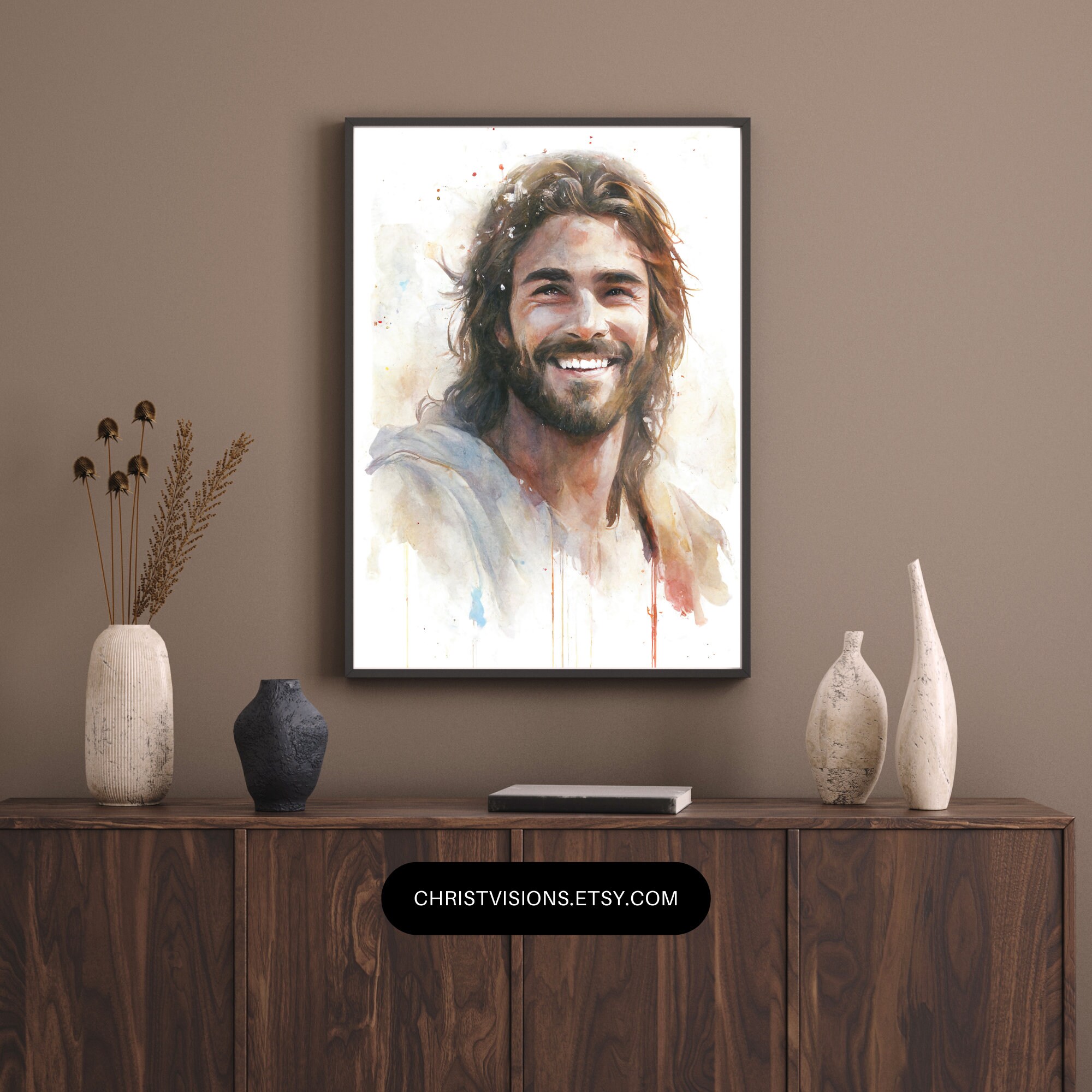 Smiling Jesus Watercolor Framed Christian Art Jesus Painting Jesus