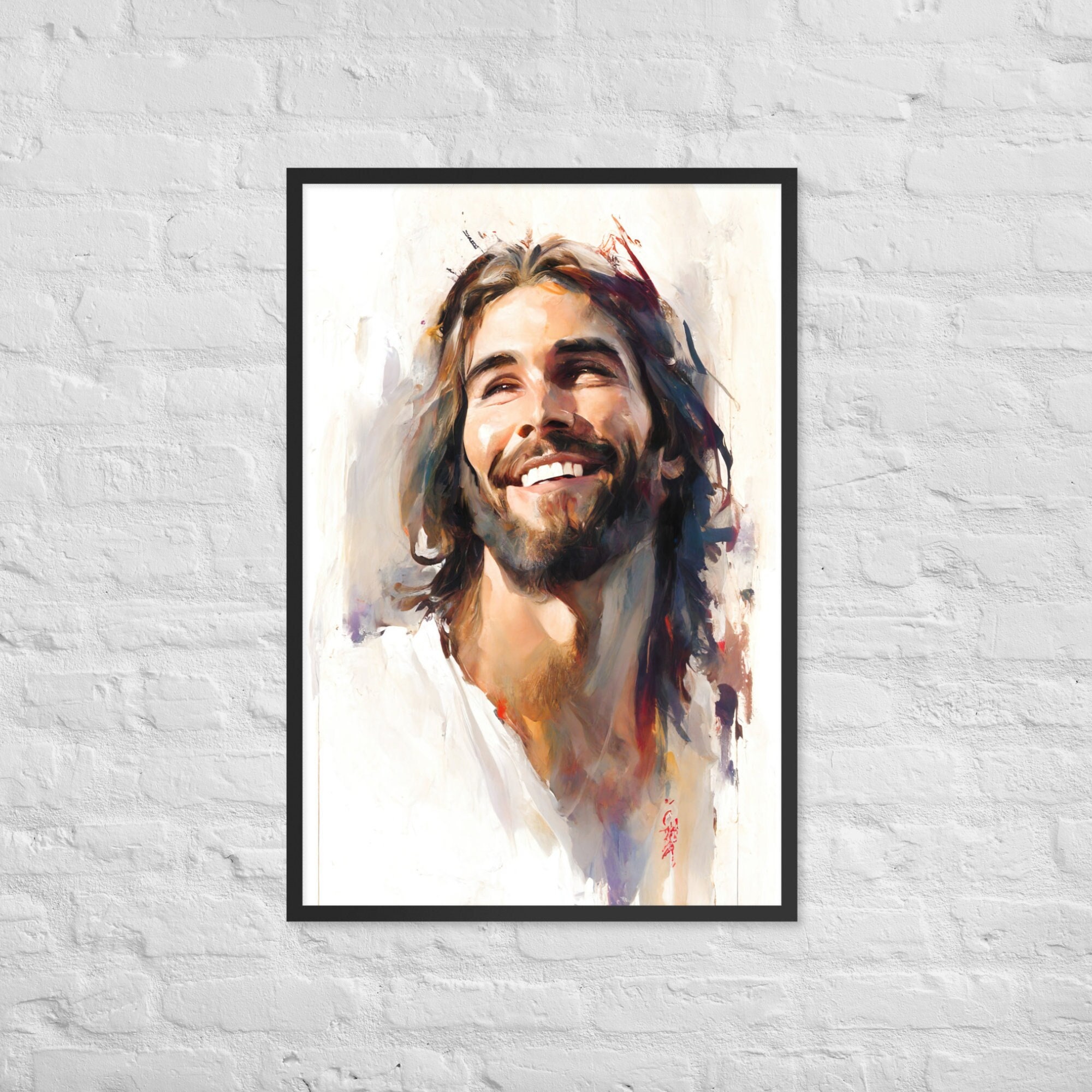 Jesus Laughing Framed Christian Wall Art Smiling Jesus Watercolor Jesus ...