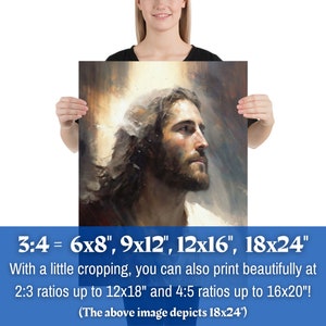 Puede incluir: Un primer plano de una pintura que representa la cara de un hombre con un halo de luz alrededor de su cabeza. La pintura est&aacute; en una proporci&oacute;n de 3:4 y est&aacute; disponible en tama&ntilde;os de 6x8 pulgadas, 9x12 pulgadas, 12x16 pulgadas y 18x24 pulgadas. La imagen tambi&eacute;n indica que con un peque&ntilde;o recorte, la pintura se puede imprimir en proporciones de 2:3 hasta 12x18 pulgadas y 4:5 hasta 16x20 pulgadas.