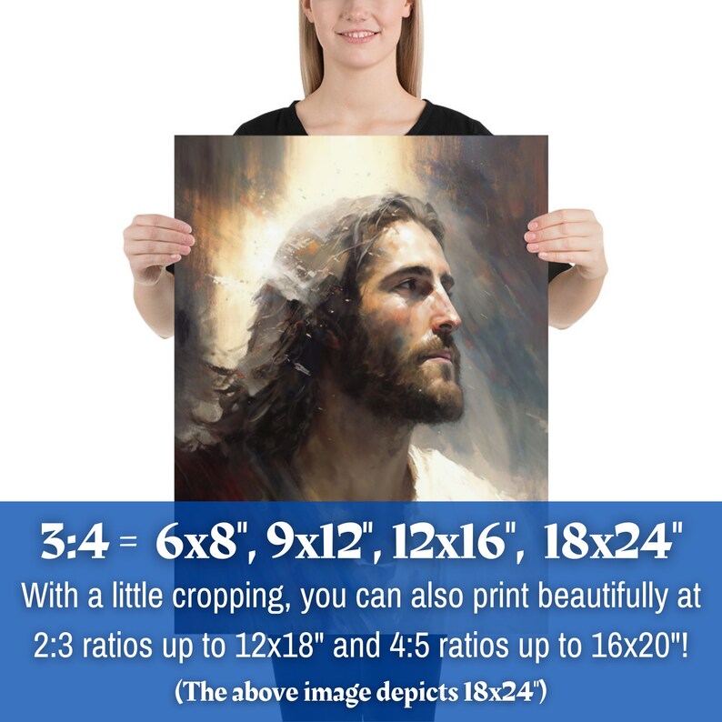 Puede incluir: Un primer plano de una pintura que representa la cara de un hombre con un halo de luz alrededor de su cabeza. La pintura est&aacute; en una proporci&oacute;n de 3:4 y est&aacute; disponible en tama&ntilde;os de 6x8 pulgadas, 9x12 pulgadas, 12x16 pulgadas y 18x24 pulgadas. La imagen tambi&eacute;n indica que con un peque&ntilde;o recorte, la pintura se puede imprimir en proporciones de 2:3 hasta 12x18 pulgadas y 4:5 hasta 16x20 pulgadas.