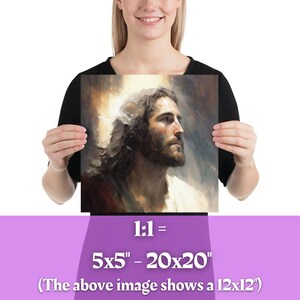 Puede incluir: Una pintura de Jesucristo con un halo de luz alrededor de su cabeza. La pintura est&aacute; en un marco de 30,5x30,5 cm. La imagen muestra los diferentes tama&ntilde;os disponibles para comprar, de 12,7x12,7 cm a 50,8x50,8 cm.