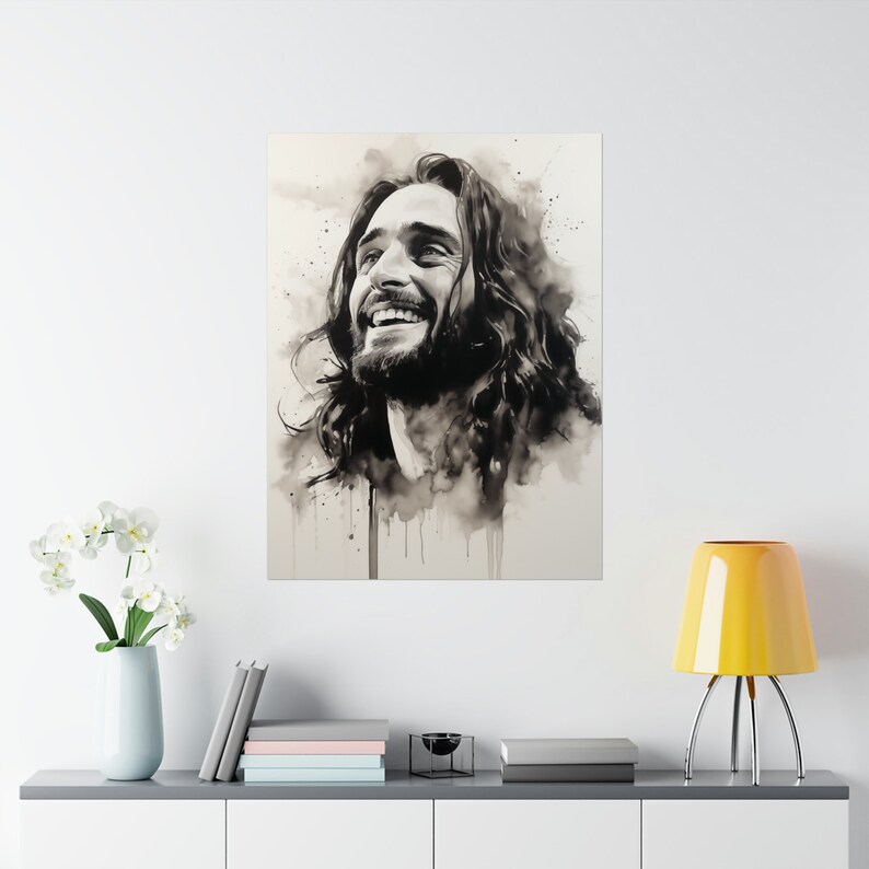Laughing Jesus Christ Art Print in Minimalist Black and White Smiling