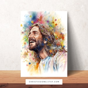 Joyful Rainbow Jesus Digital Print - Smiling Christ Artwork for Easter, Inclusive Christian Decor