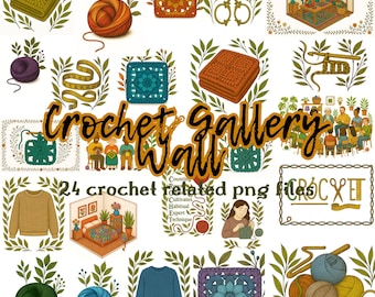 Crochet Gallery Wall Clipart Bundle – 24 PNGs for DIY Craft Projects & Wall Art