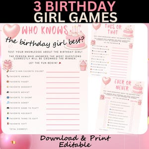 Quién conoce a la cumpleañera: los 3 mejores juegos de cumpleaños, editables, imprimibles, juegos de fiesta de cumpleaños rosa, para adolescentes, preadolescentes, ¿qué preferiría?, cuestionario WKB