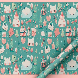 Kawaii Pastell Weihnachten Geschenkpapier, Urlaub Geschenkpapier, süßes Geschenkpapier, süsses Geschenkpapier für Weihnachten