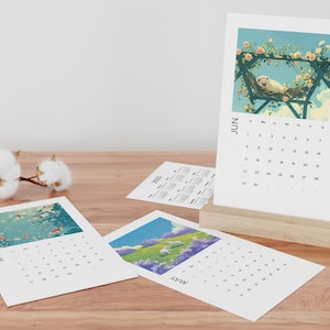 Aesthetic Animal Landscapes Vertical Calendar 2025, Kawaii Desk Calendar 2025, Kawaii Wood Stand Calendar 2025, Cute Desk Calendar 2025